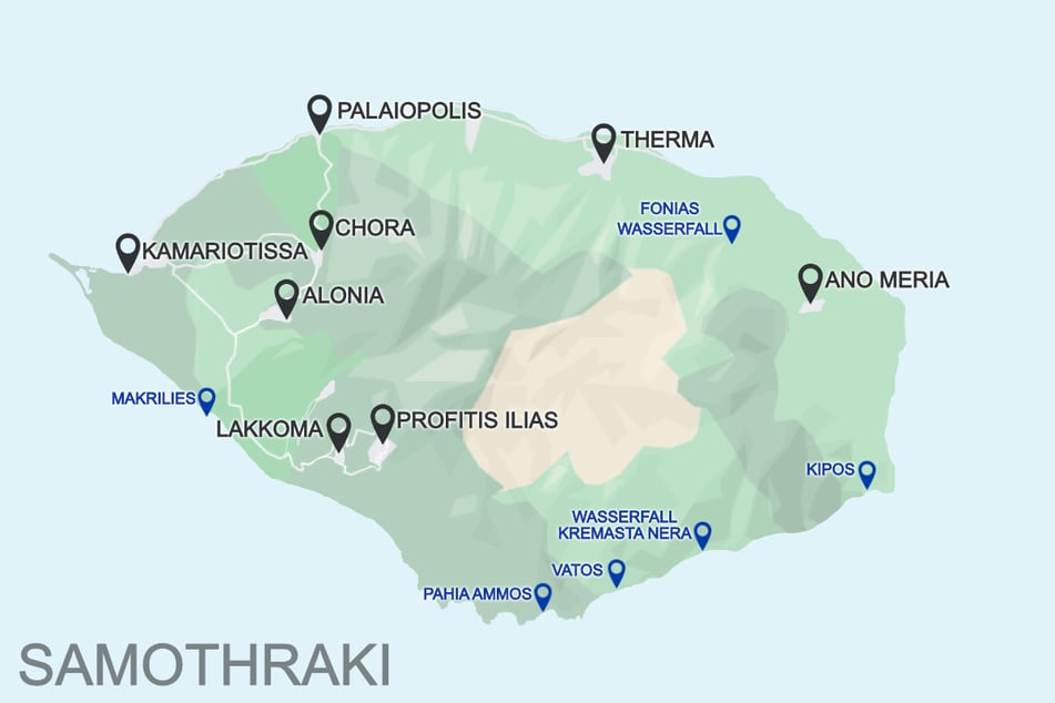Insel Samothraki mit beliebten Orten, Stränden und Wasserfällen.