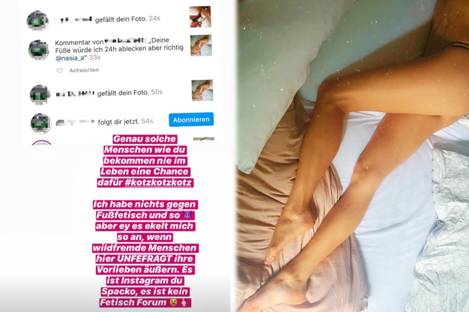 Die Montage zeigt links einen Screenshot der Instagram-Story von Anastasiya Avilova, rechts das zweite Foto, welches dem Fußfetischisten gefiel.