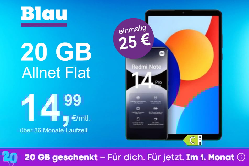 Das Xiaomi Redmi Note 14 Pro + Pad SE im Blau Allnet M für einmalig 25 Euro.
