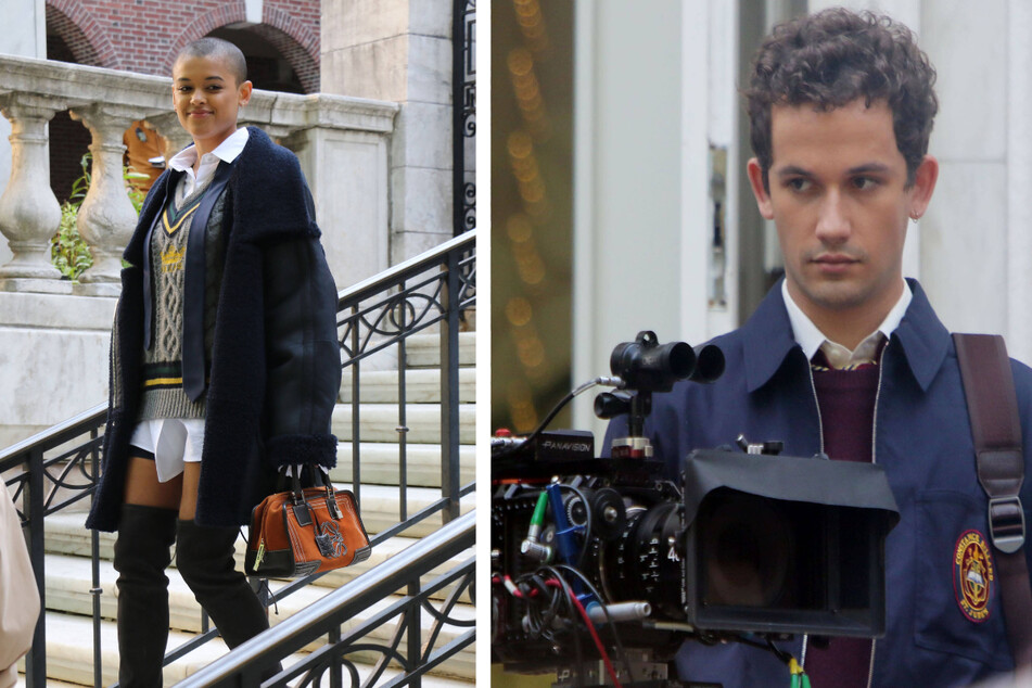 Actors Jordan Alexander (l.) and Eli Brown (r.) on the set of the new HBO Max series Gossip Girl while filming in New York City.