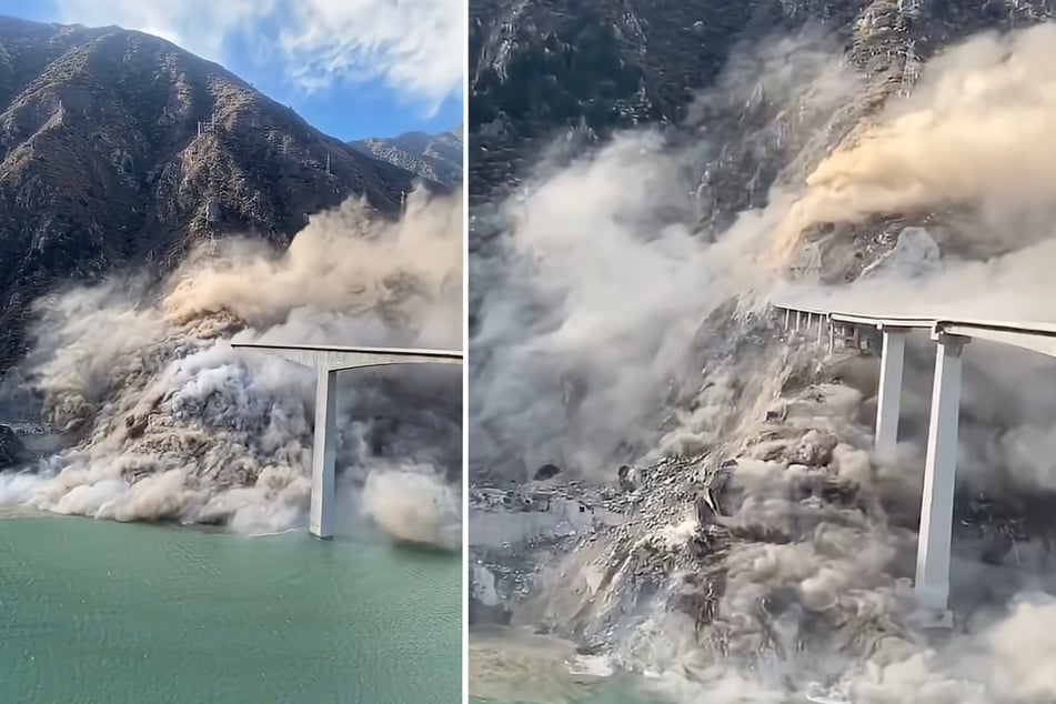 Ein Teil der Hongqi-Brücke wurde von einem Erdrutsch nach unten gerissen.