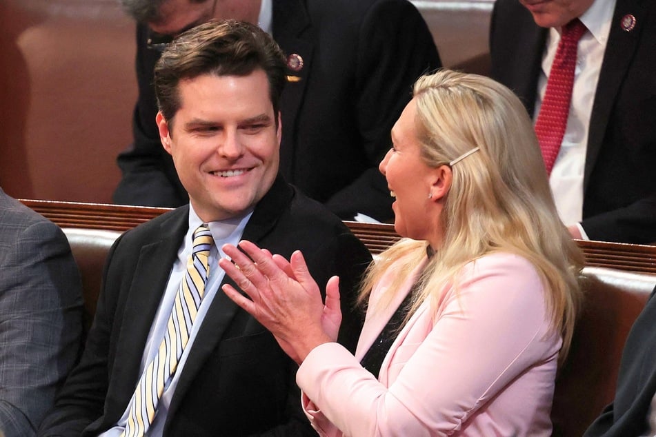 Matt Gaetz (l.) sitting with Marjorie Taylor Greene (r.) in the House Chamber at the US Capitol Building in Washington DC on January 05, 2023.