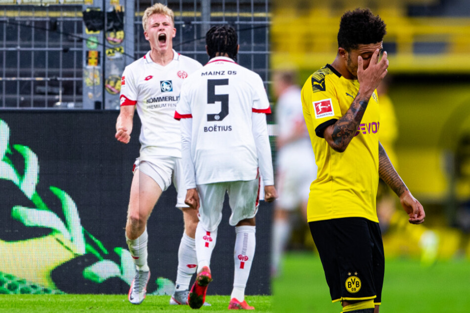 Während der Mainzer Jonathan Burkhardt (l.) sein erstes Bundesliga-Tor bejubelte, war Jadon Sancho nach der verdienten 0:2-Pleite des BVB zurecht frustriert.