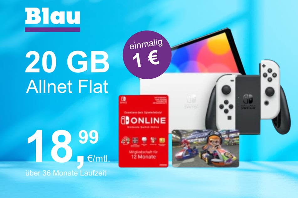 Die Nintendo Switch OLED + Mario Kart 8 im Blau Allnet M inkl. 20 GB für einmalig nur 1 Euro.