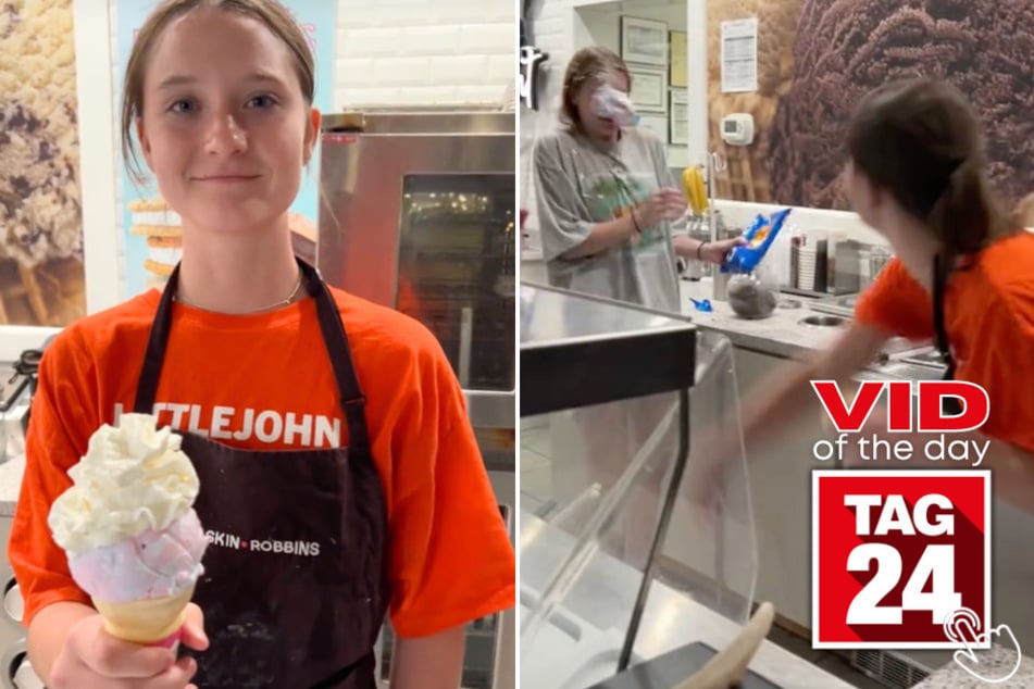 Today's Viral Video of the Day features a girl on TikTok who threw a giant handful of ice cream at a coworker!