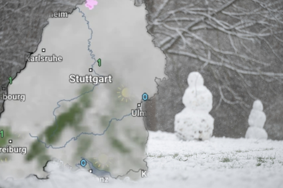 Schneemänner stehen im Schnee in einem Stuttgarter Park. Heute schneit es nochmal gebietsweise bis zum Mittag.