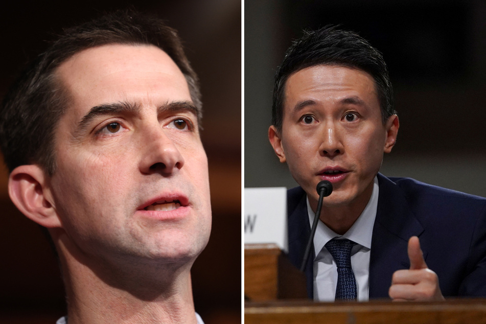 TikTok CEO Shou Zi Chew (r.) repeatedly denied any affiliation with the Chinese Communist Party, which Senator Tom Cotton repeatedly insinuated.