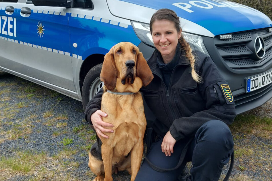 Bloodhound-Hündin Hazel (2) mit ihrer Hundeführerin Christin Fiddecke (32). Das Duo entdeckte am Donnerstag einen Vermissten in Döbeln.