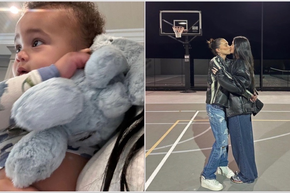 Kylie Jenner kissed her BFF Anastasia Karanikolaou (r.) and snuggled her son Aire this Valentine's Day.