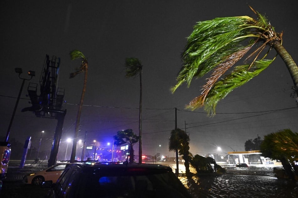 Palm trees bend in the wind after Hurricane Milton made landfall in Brandon, Florida, on October 9, 2024.