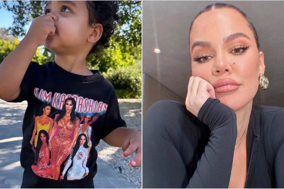 Khloé Kardashian's (r.) son Tatum (l.) adorably rocked a Kim Kardashian shirt in her latest Instagram story.