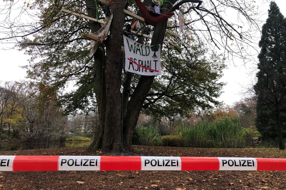 Die Kölner Polizei sperrte den Bereich um den Baum mit den Aktivisten ab.
