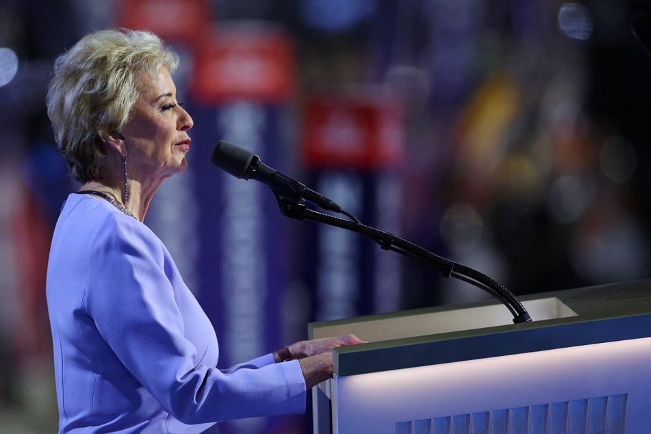 Linda McMahon speaks on Day 4 of the 2024 Republican National Convention at the Fiserv Forum in Milwaukee, Wisconsin.