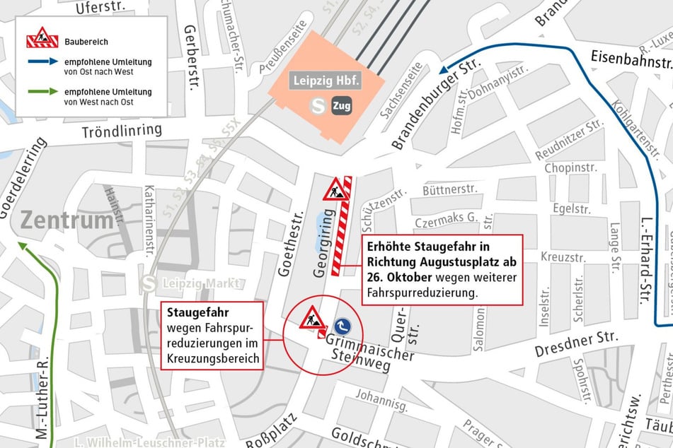 Die LVB hat vorab zwei Stellen identifiziert, an denen Staugefahr droht und die empfohlenen Umleitungen markiert.