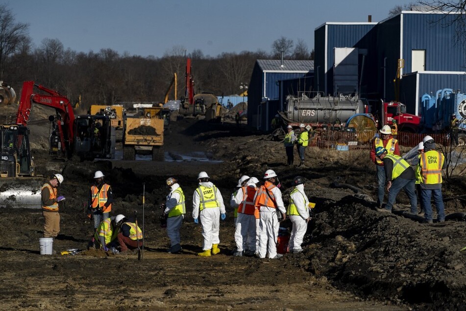 Ohio EPA and EPA contractors collect soil and air samples from the the site of a train derailment in East Palestine, Ohio.