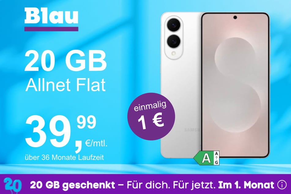 Das Samsung Galaxy S25 Edge im Blau Allnet M für einmalig 1 Euro.