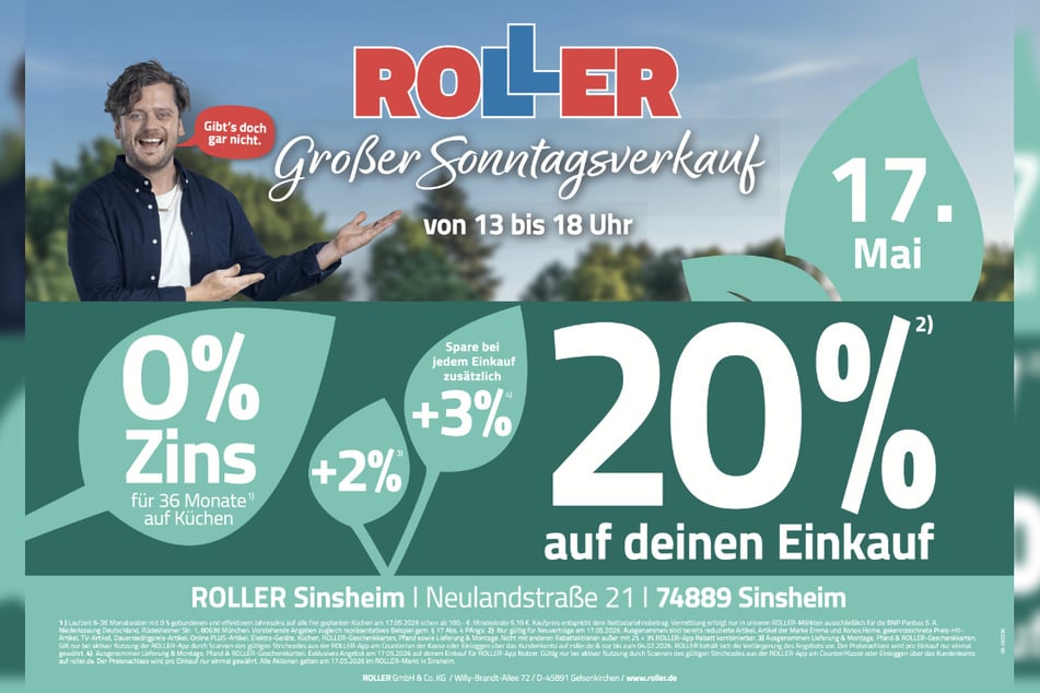 Der verkaufsoffene Sonntag (17.5.) bei ROLLER in Sinsheim steigt von 13 bis 18 Uhr.