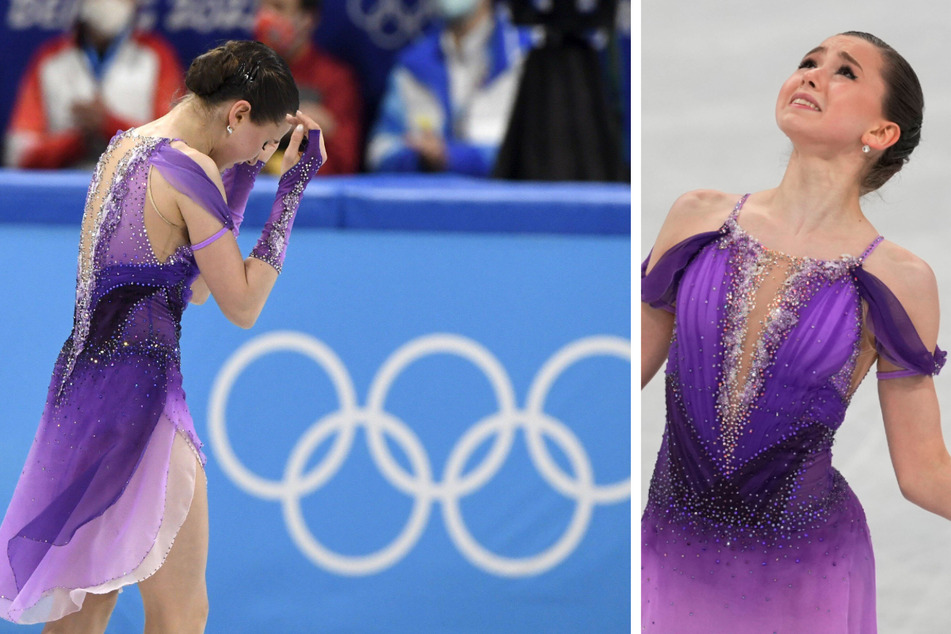Kamila Valieva held back tears after her first-place finish in the Olympic women's figure skating short program on Tuesday.