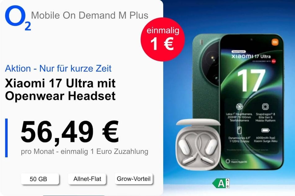 Das Xiaomi 17 Ultra mit Openwear Headset und 50 GB Daten für einmalig nur 1 Euro bei o2.