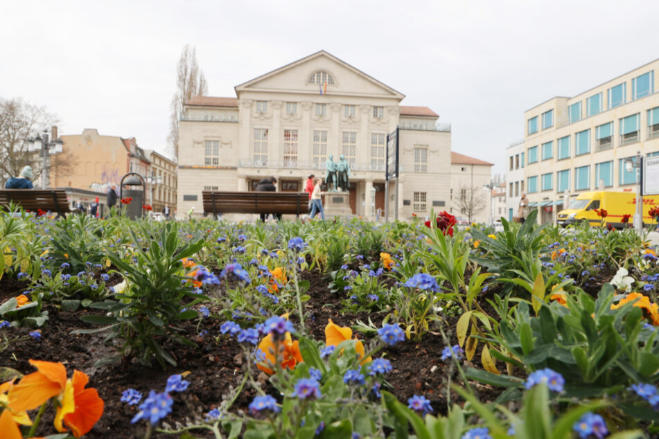 Blumen blühen vor dem Theaterplatz mit dem Goethe-Schiller-Denkmal und dem Theaterhaus in Weimar. Die Stadt ist als erste Region wieder unter einer Inzidenz von 100.