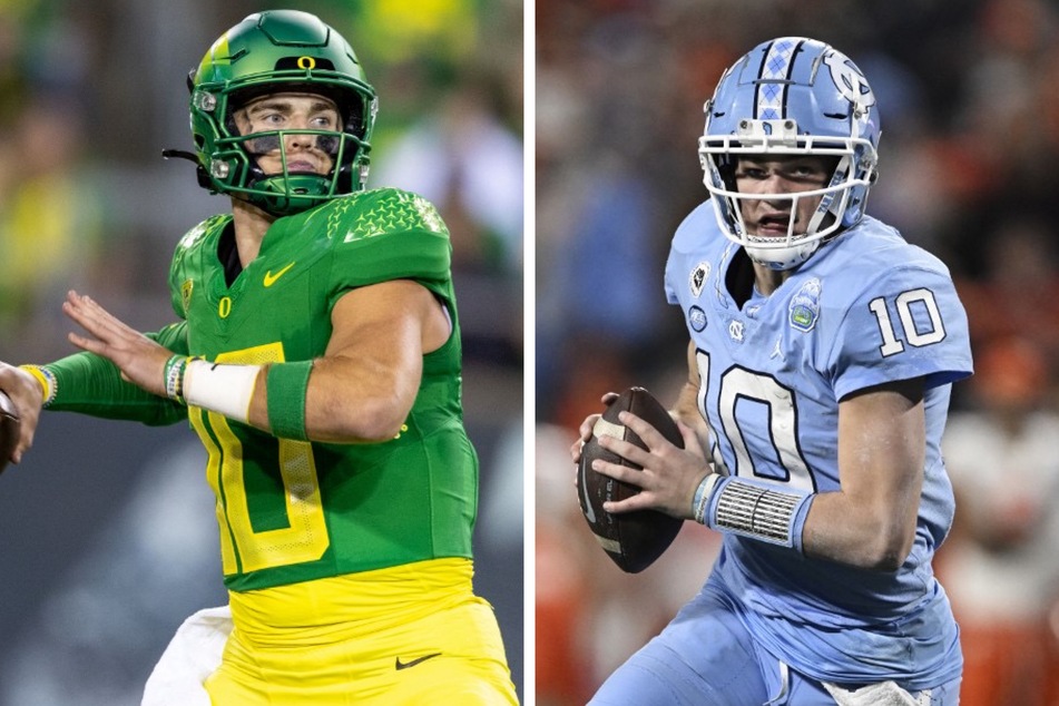 Bo Nix of Oregon (l) and Drake Maye of UNC (r) will lead their teams in the Holiday Bowl game showdown on December 28.