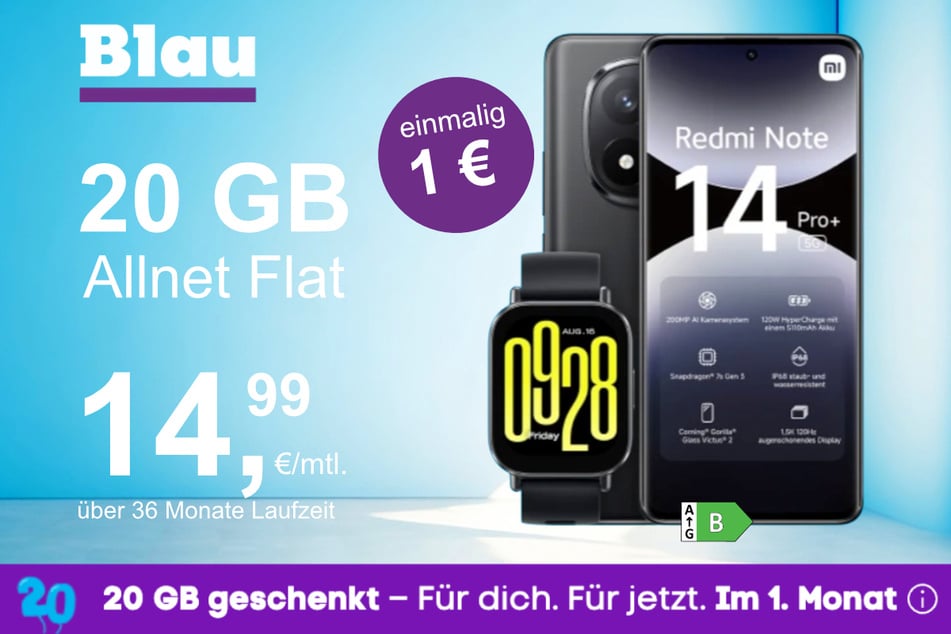 Das Xiaomi Redmi Note 14 Pro Plus + Watch 5 Active im Blau Allnet M für einmalig 1 Euro.