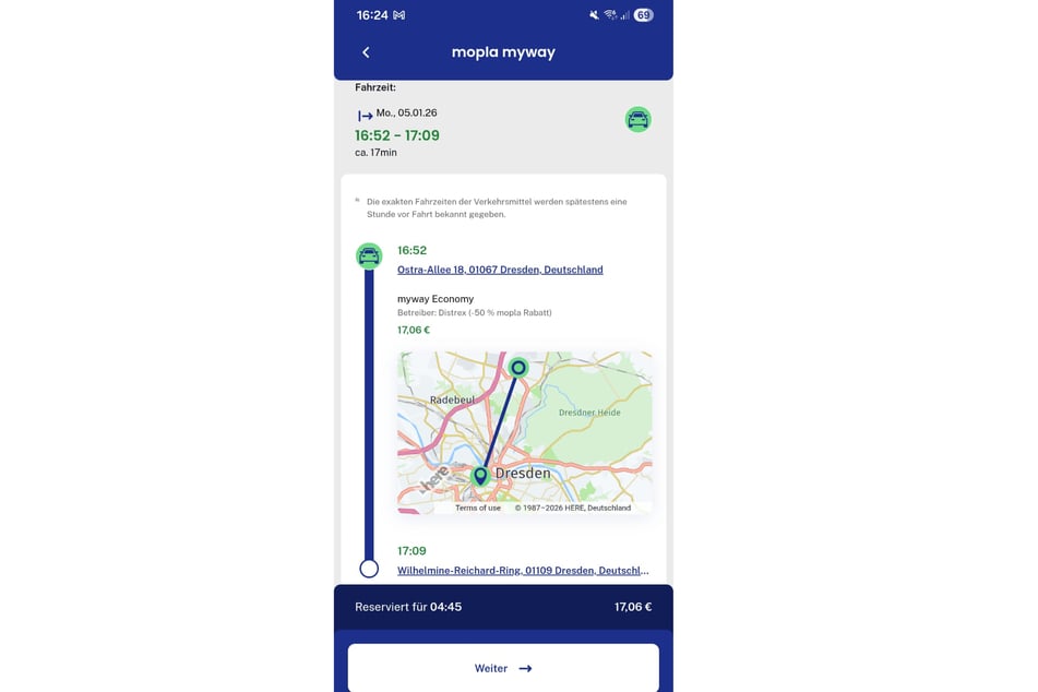 Vom Haus der Presse zum Flughafen: Über die Mopla-App können Kunden ihre Fahrten buchen, sehen vorab den Preis.
