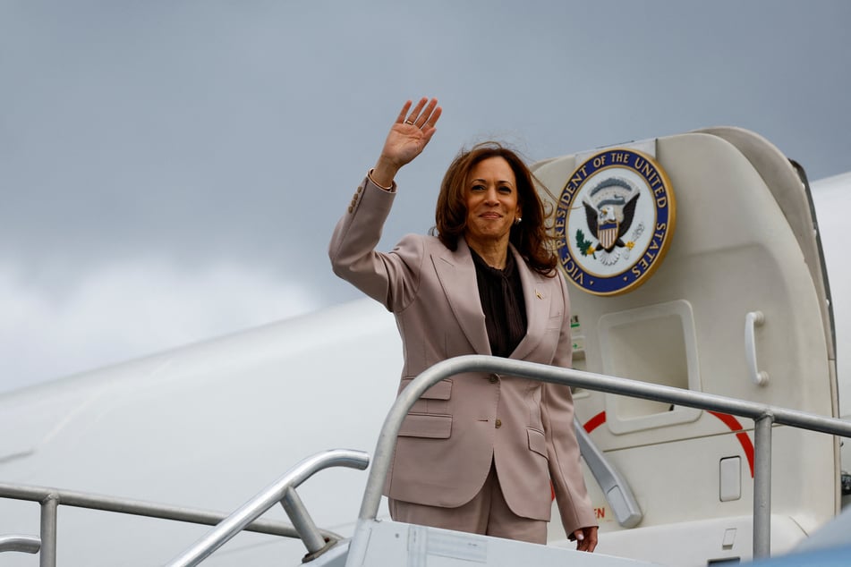 Democratic presidential nominee Kamala Harris departs for Washington at Philadelphia International Airport in Pennsylvania.