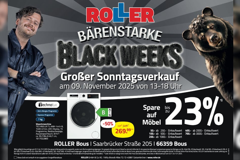 Zur Sonderöffnung (9.11.) bei ROLLER in Bous gibt's Technolux Waschmaschinen satte 50 Prozent günstiger.