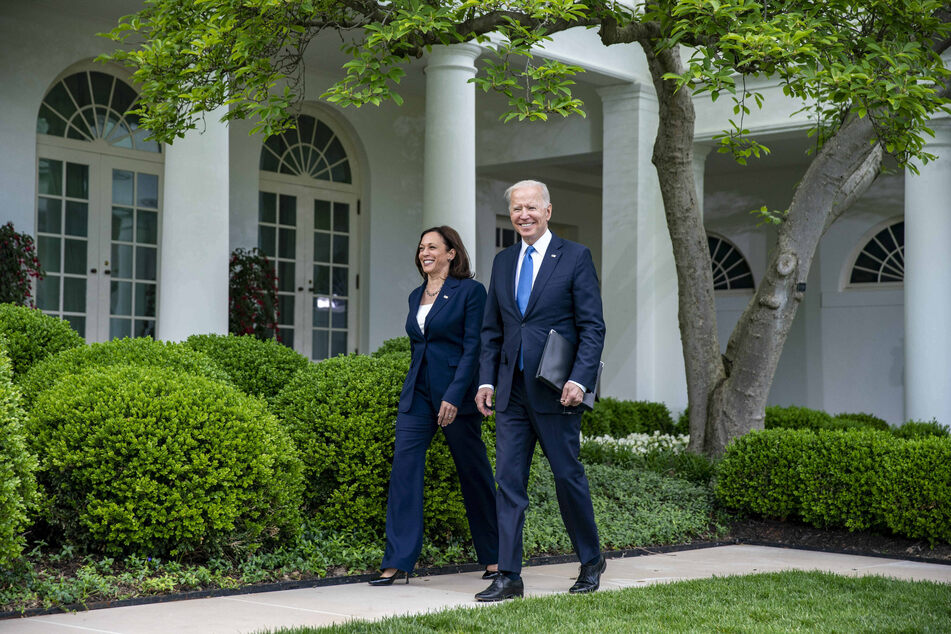 Vice-president Kamala Harris and President Joe Biden both smiled broadly as they appeared at the press conference without masks.