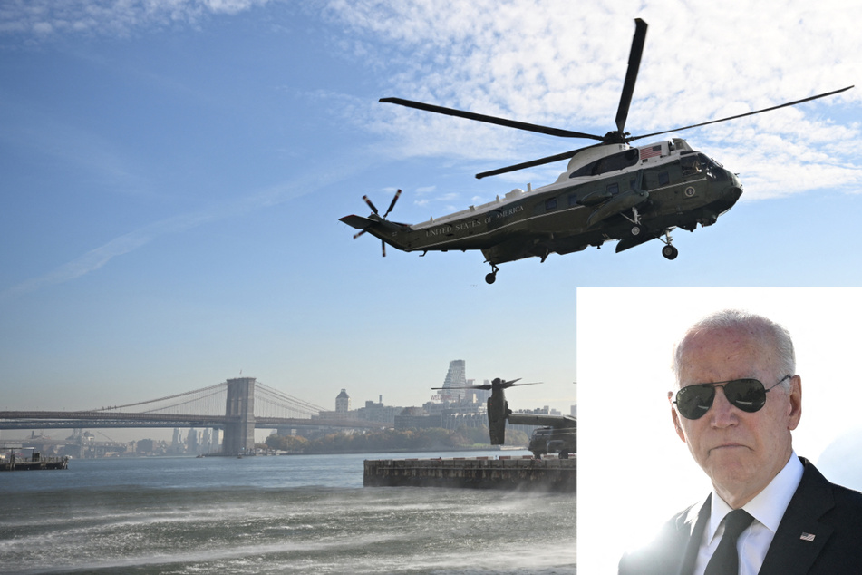 Marine One flew into NYC at the Wall Street landing zone in lower Manhattan on Monday morning, as President Joe Biden attended a private memorial service before returning to the White House in Washington DC.