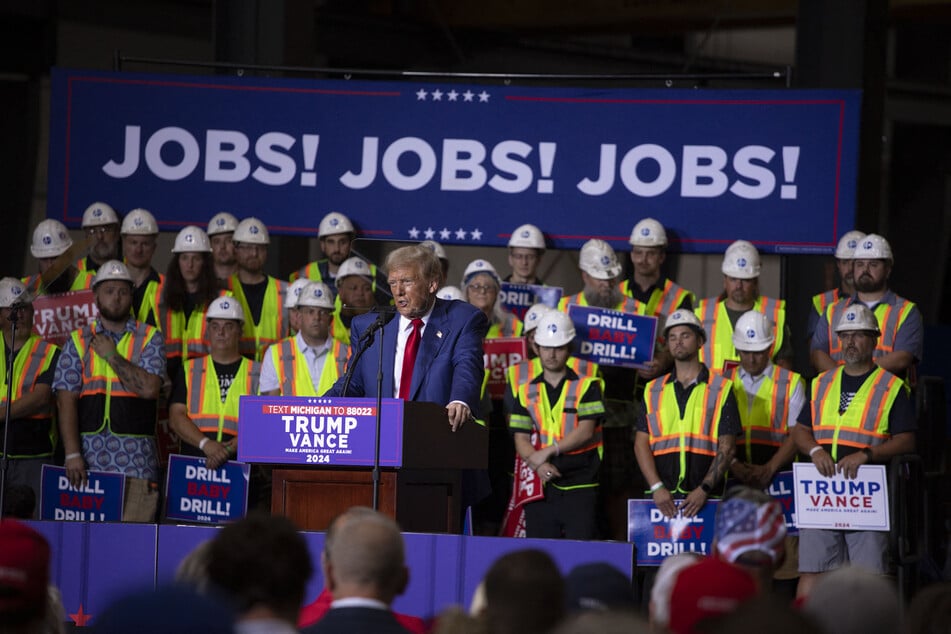 Donald Trump speaks about the economy, inflation, and manufacturing during a campaign event at Alro Steel on August 29, 2024, in Potterville, Michigan.