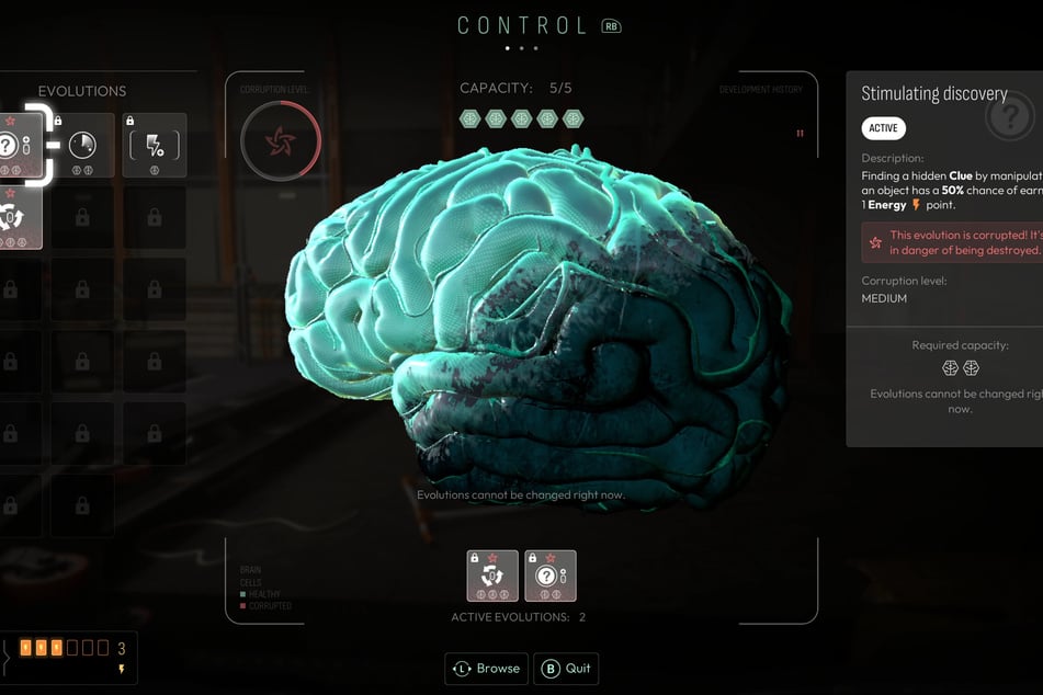 Im Laufe des Spiels wird das Gehirn des Protagonisten immer mehr "verfault", was sich in Halluzinationen und weniger Energie äußert.