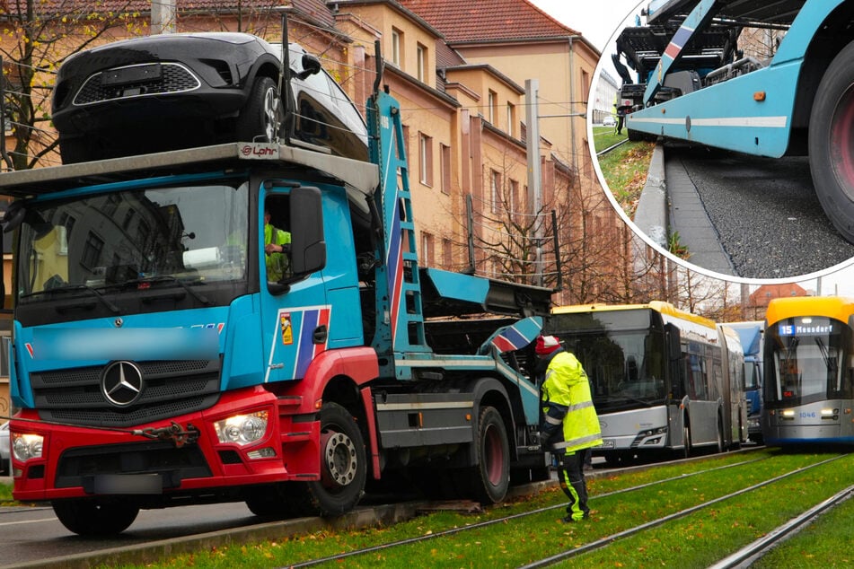 Autos und Trams betroffen: Hier steckt ein Brummi im Gleisbett fest
