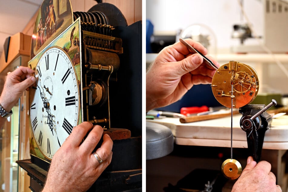 Schottische Bodenstanduhr von Fritschler &amp; Co. aus Carlisle - 250 Jahre alt (l.). Mit Pinzette und viel Fingerspitzengefühl repariert Schneegaß ein Schlossscheibenschlagwerk einer französischen Pendeluhr (r.).