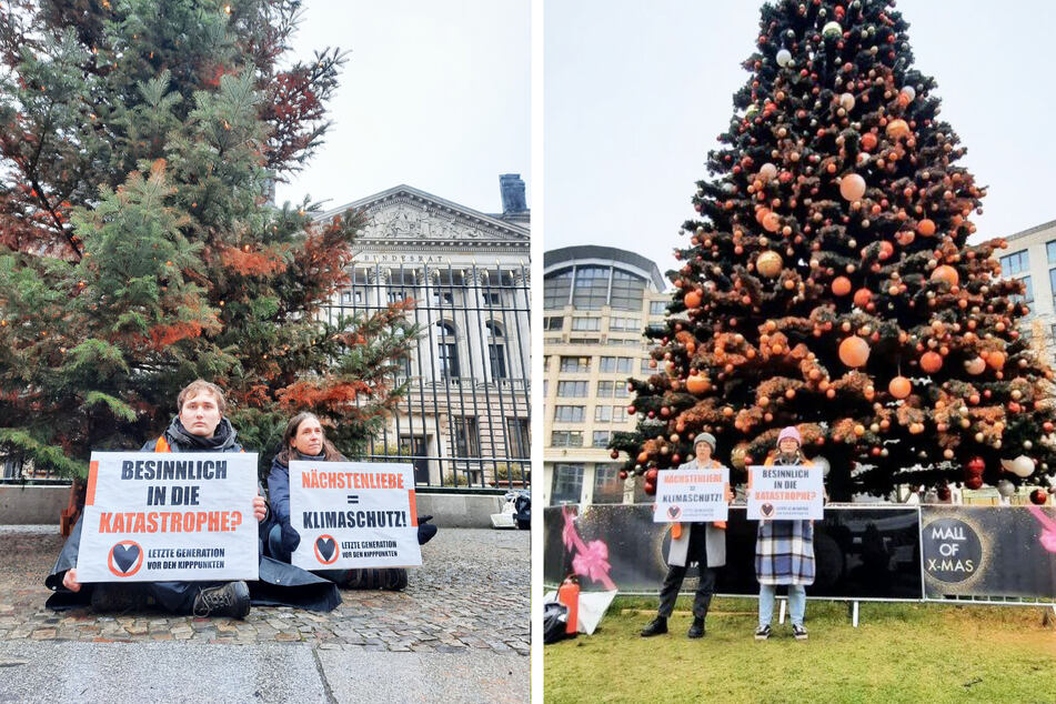 Angriff auf die Besinnlichkeit: Aktivisten der "Letzten Generation" färbten am Leipziger Platz und vor dem Bundesrat in Berlin Weihnachtsbäume orange.