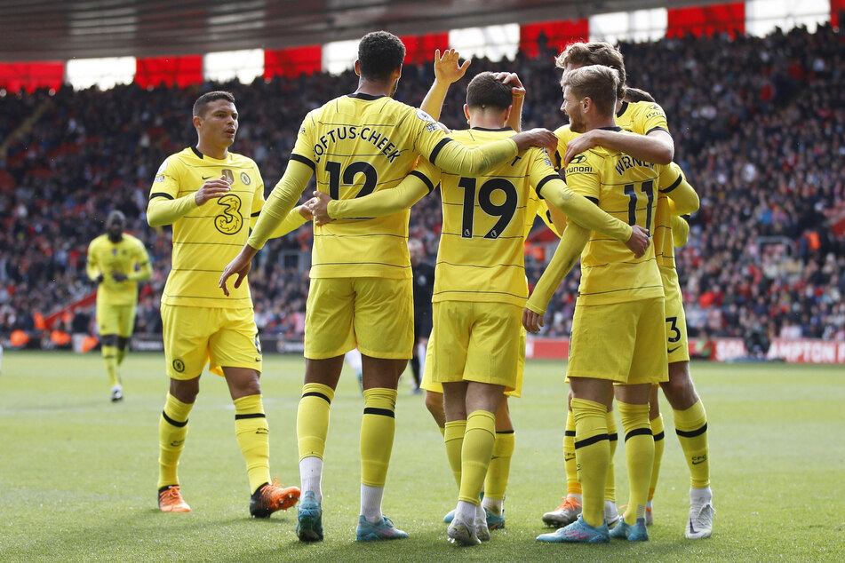Chelsea players celebrate during their 6-0 win at Southampton.