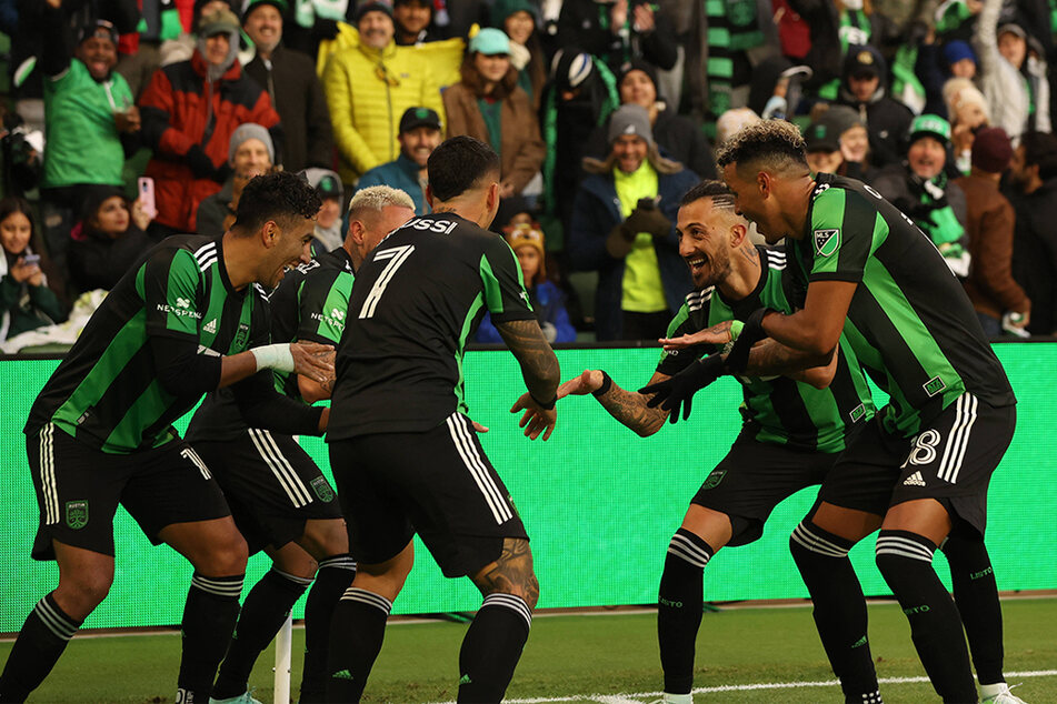 Austin FC players celebrate a goal during their 5-0 win against FC Cincinnati on Saturday night at Q2 Stadium.