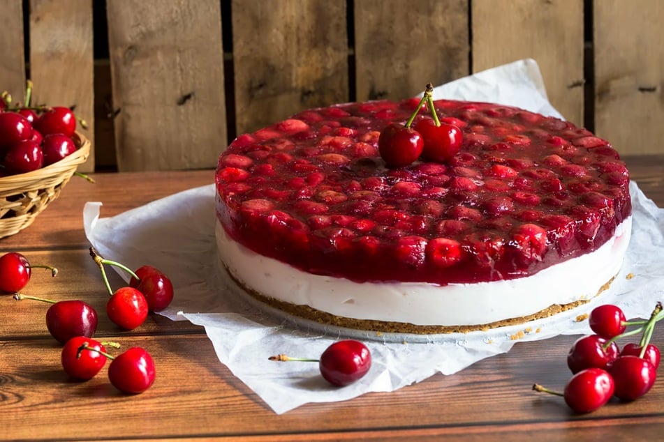 The cheesecake with cherries is easy to bake and it tastes especially good when chilled.