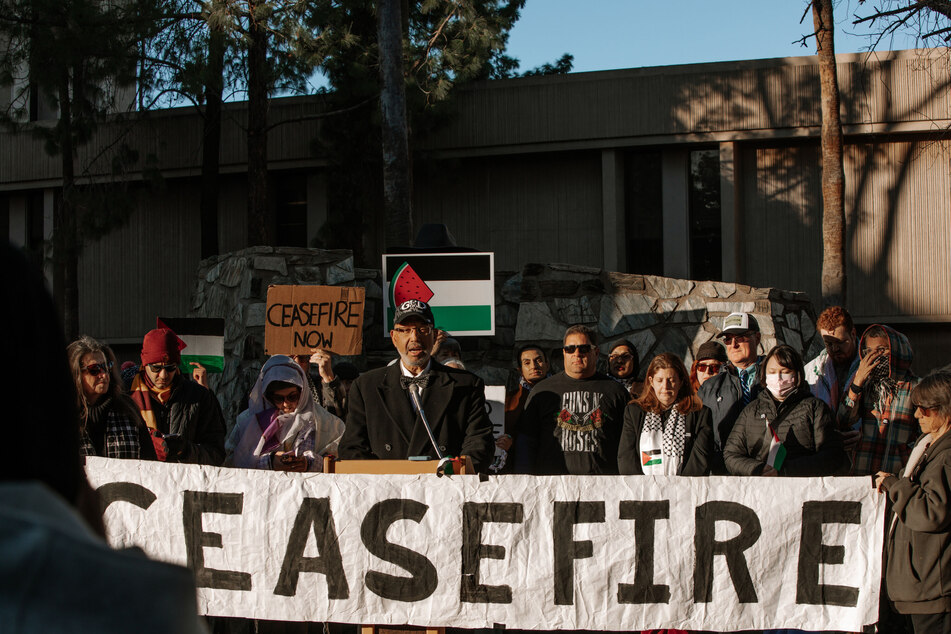 Dr. Warren H. Stewart Sr. speaks out for peace in the Middle East during the rally at the Arizona State Capitol .