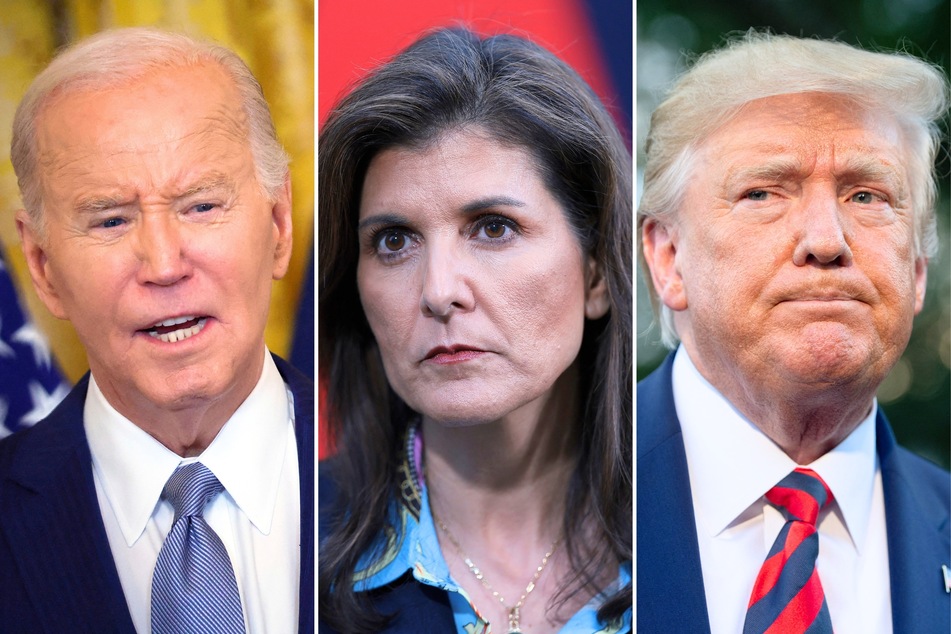 Democratic President Joe Biden (l.) is running for re-election and will likely face either Republican Nikki Haley (c.) or former President Donald Trump in the general election.
