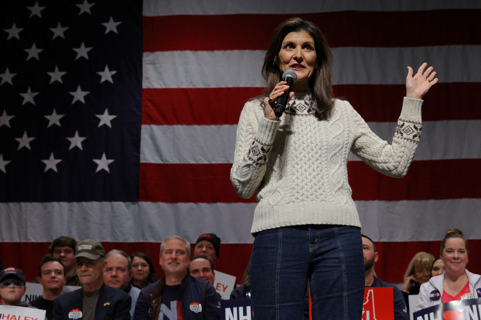 Republican presidential candidate Nikki Haley speaks at a campaign rally ahead of the New Hampshire primary election in Exeter on January 21, 2024.
