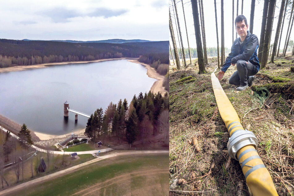 Staumeister Kevin Neumann (29) zeigt die provisorische Schlauchleitung, mit der Bergbauwasser aus Hammerunterwiesenthal zugeführt werden kann. Die Talsperre Cranzahl besitzt insgesamt ein Volumen von rund 3,1 Millionen Kubikmetern. Im Moment ist ihr Füllstand sehr niedrig.