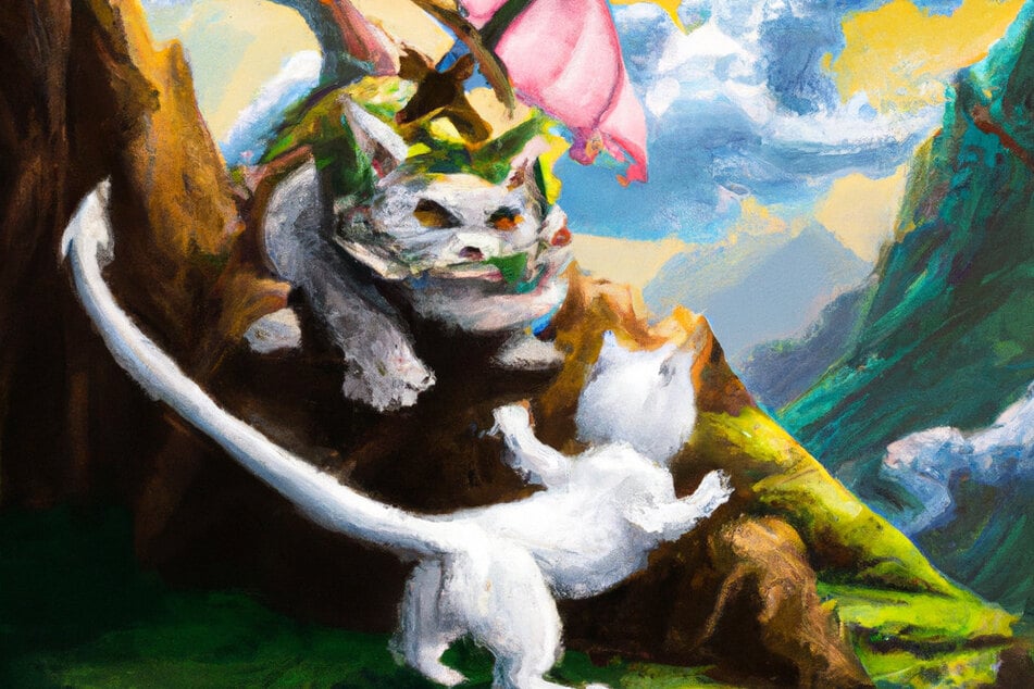 "A painting of a cat with a sword battling a dragon on a mountain" because... why not?!