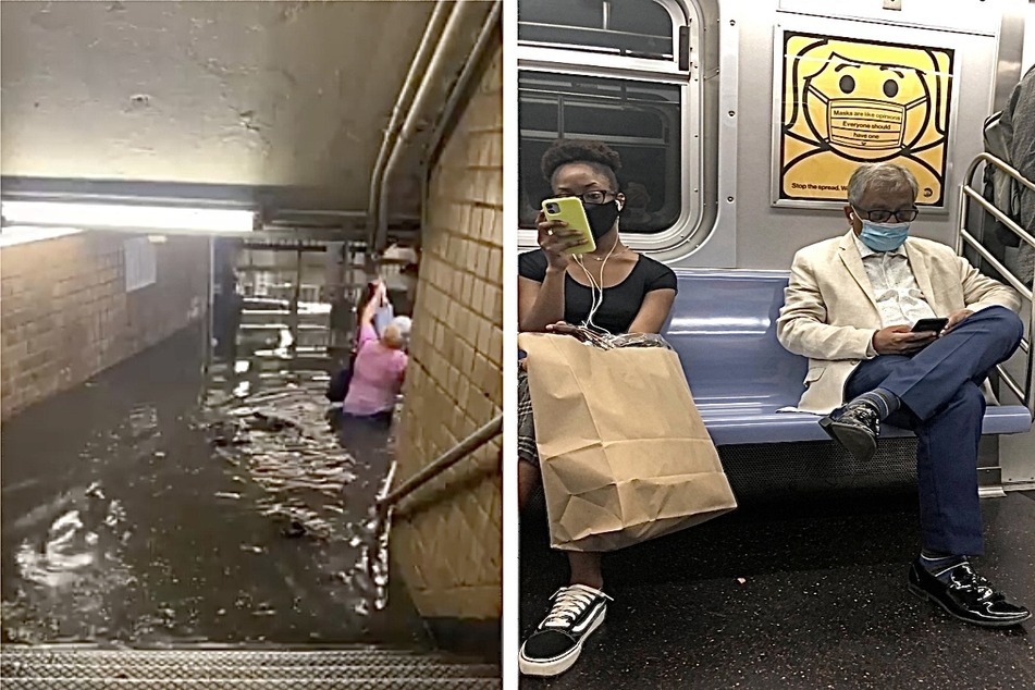 Subway riders waded through waist-deep water on Thursday (l). Commuters have been impacted by Covid measurers like social distancing and masking, which are still required on trains (r).