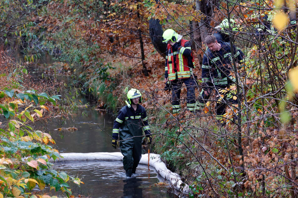 Feuerwehreinsatz am Freitagmorgen in Chemnitz-Altendorf: auf dem Pleißenbach entdeckten die Einsatzkräfte Öl. Sofort wurden Ölsperren errichtet.