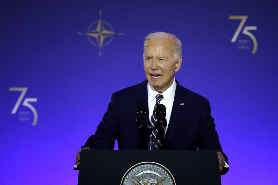 President Joe Biden delivers remarks during the NATO 75th anniversary celebratory event at the Andrew Mellon Auditorium on Tuesday in Washington, DC.