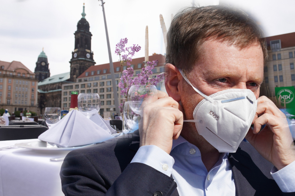 Der MP vor einer leeren gedeckten Tafel auf dem Altmarkt (Bildmontage).