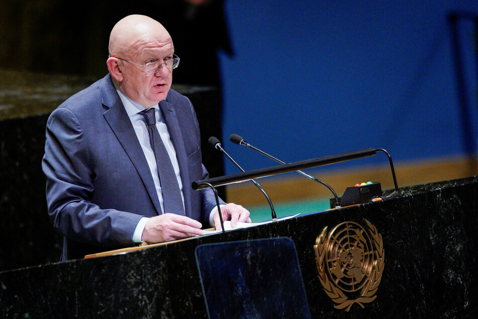 Russia's UN ambassador, Vassily Nebenzia, speaks during the General Assembly meeting, where his country was among only seven countries to vote against the resolution.