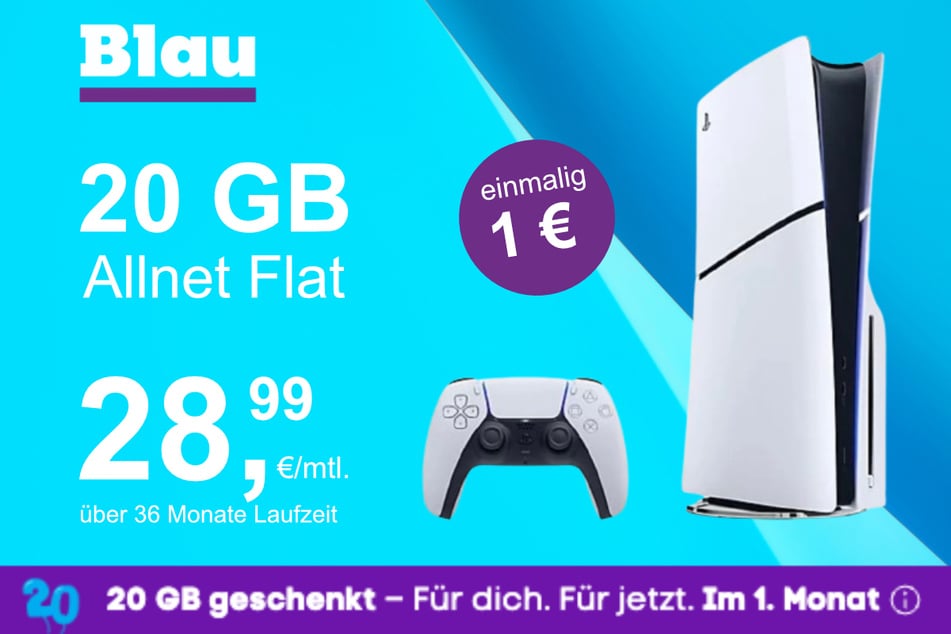 Die PS5 Digital Slim Edition im Blau Allnet M inkl. 15 GB für einmalig nur 1 Euro.